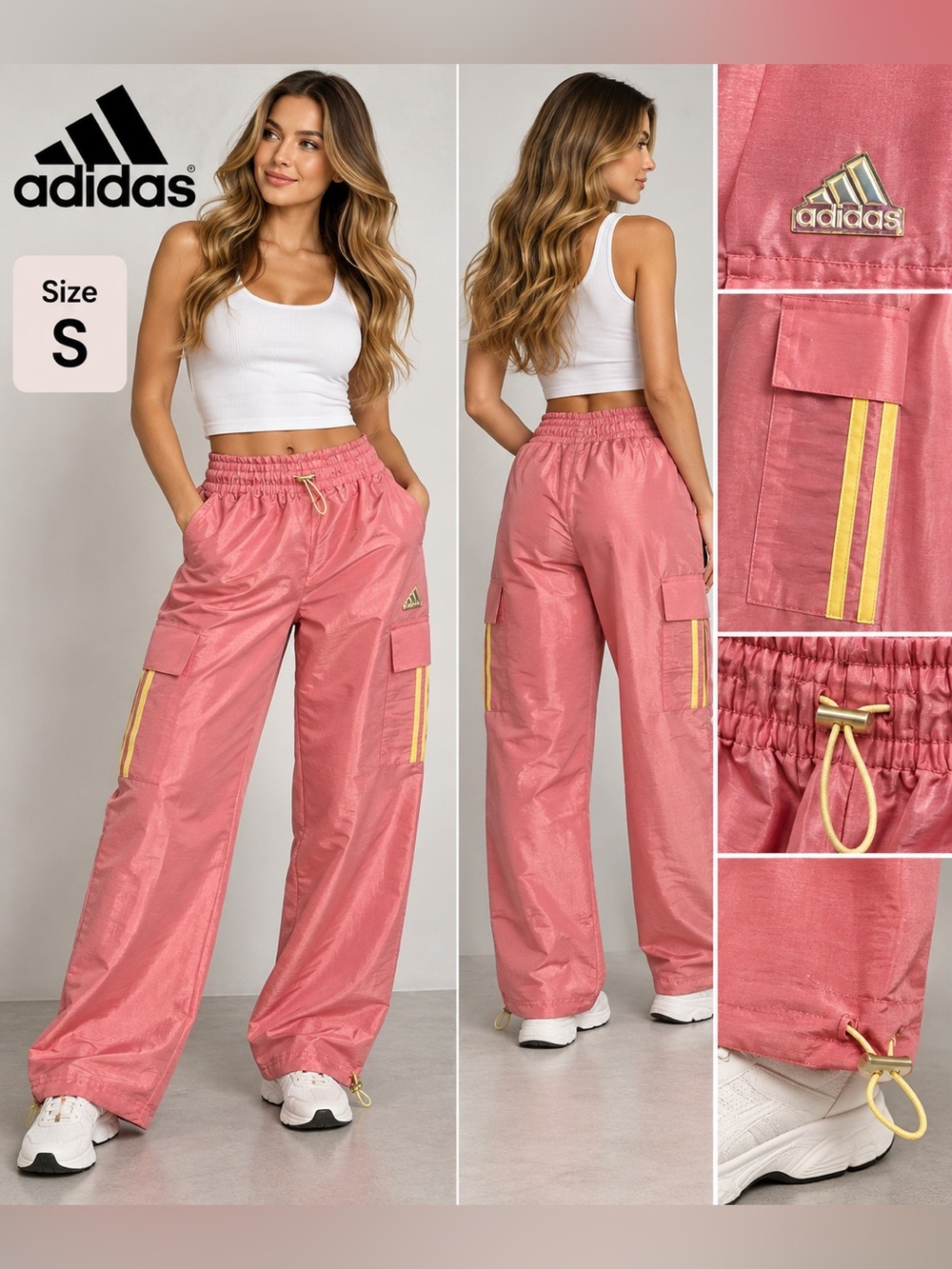 adidas Women's Rose Pink Cargo Track Pants with Yellow Trim Sz S NWT